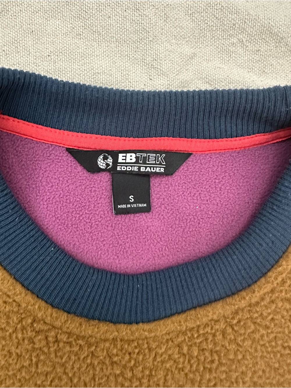 Eddie Bauer EBTEK Sherpa Fleece Pullover Sweater Brown Blue Small Vintage Vibe - Picture 2 of 10